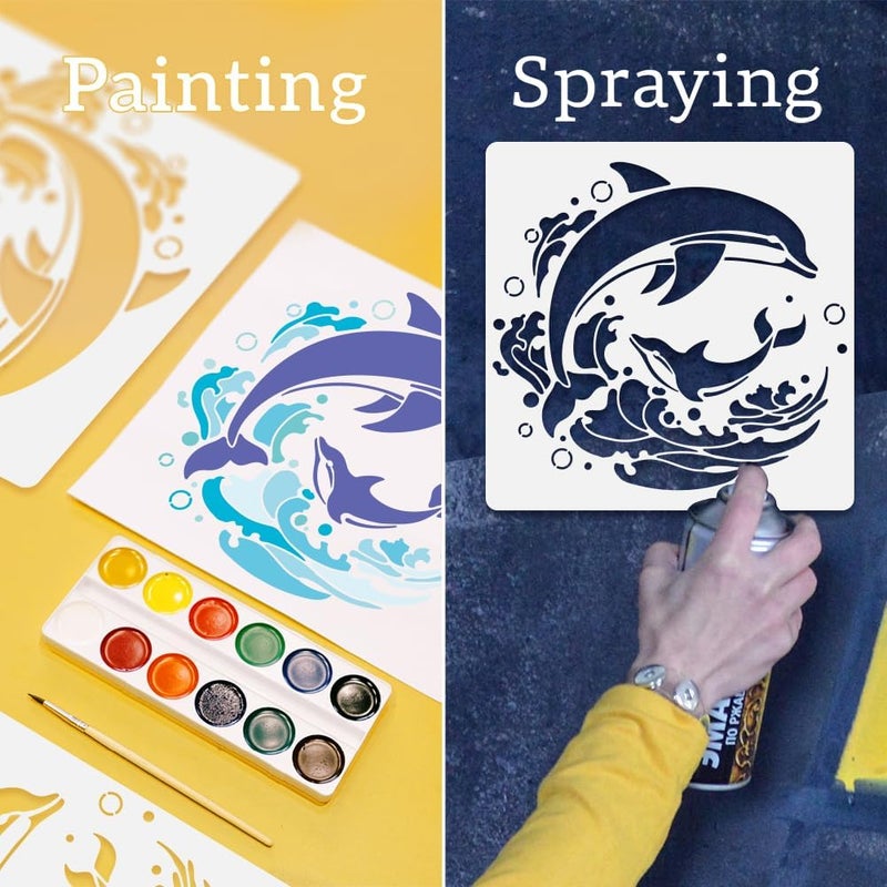 DOODLREAM Dolphin Wall Stencil Template 11.8 x 11.8 Inch Reusable Plastic Ocean Sea Creature Themed Stencil for Painting on Wood Wall Floor Fabric Glass DIY Home Decor - Image 3